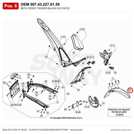 BETA FRONT FENDER BLACK EVO MY22 – OEM 007.43.227.81.59, position 6 on the Beta EVO 300 4T MY22 plastic accessories/seat/tank drawing
