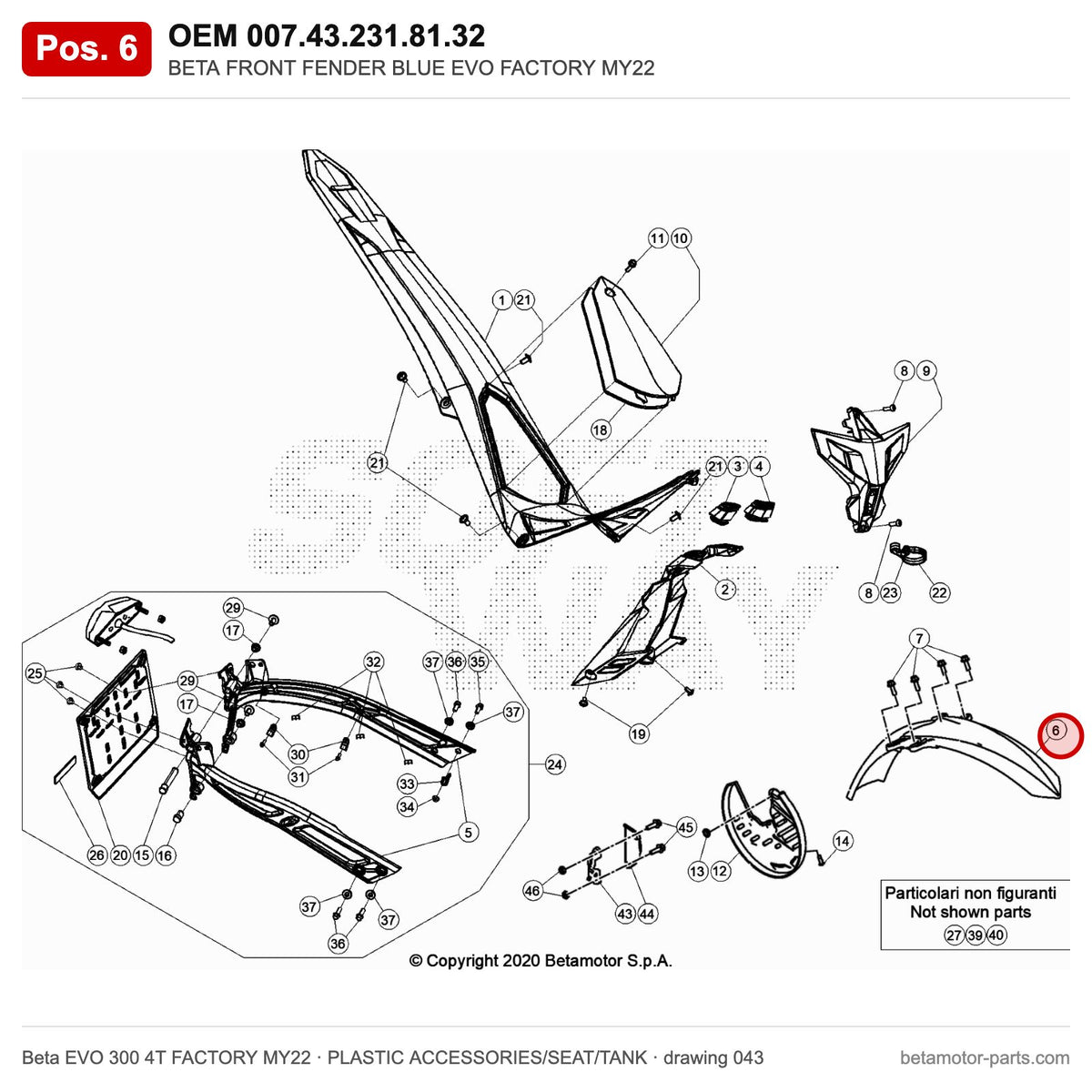 BETA FRONT FENDER BLUE EVO FACTORY MY22 – OEM 007.43.231.81.32, position 6 on the Beta EVO 300 4T FACTORY MY22 plastic accessories/seat/tank drawing