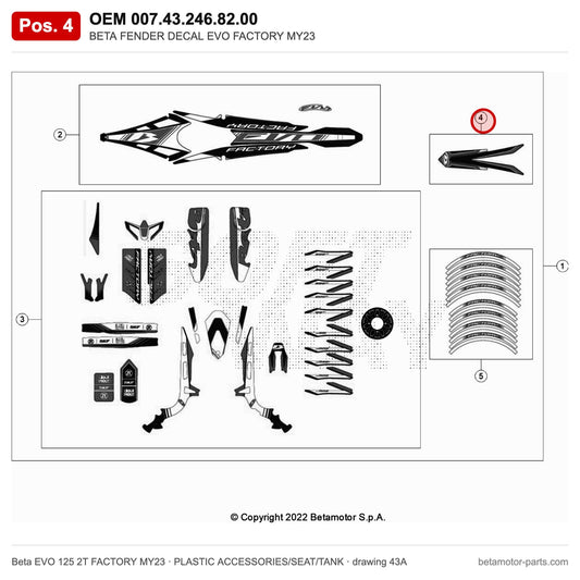 BETA FENDER DECAL EVO FACTORY MY23 – OEM 007.43.246.82.00, position 4 on the Beta EVO 125 2T FACTORY MY23 plastic accessories/seat/tank drawing