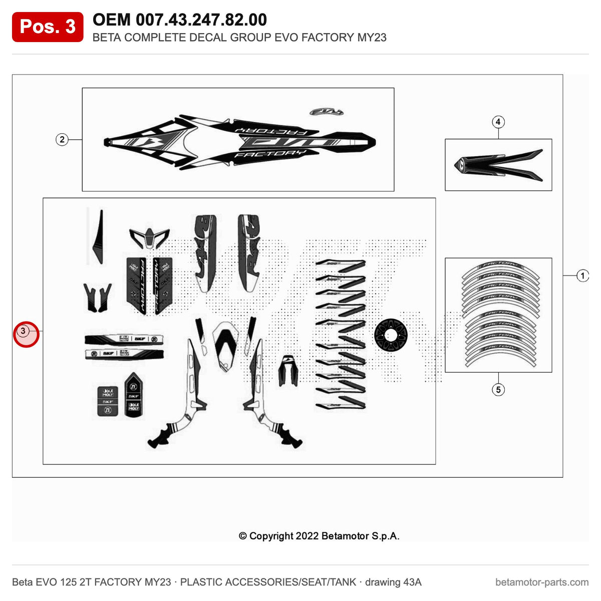 BETA COMPLETE DECAL GROUP EVO FACTORY MY23 – OEM 007.43.247.82.00, position 3 on the Beta EVO 125 2T FACTORY MY23 plastic accessories/seat/tank drawing
