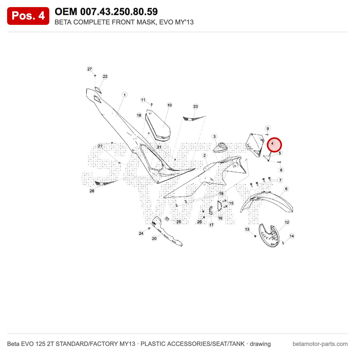 BETA COMPLETE FRONT MASK, EVO MY'13 – OEM 007.43.250.80.59, position 4 on the Beta EVO 125 2T STANDARD/FACTORY MY13 plastic accessories/seat/tank drawing