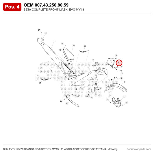 BETA COMPLETE FRONT MASK, EVO MY'13 – OEM 007.43.250.80.59, position 4 on the Beta EVO 125 2T STANDARD/FACTORY MY13 plastic accessories/seat/tank drawing