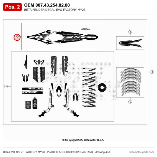 BETA FENDER DECAL EVO FACTORY MY23 – OEM 007.43.254.82.00, position 2 on the Beta EVO 125 2T FACTORY MY23 plastic accessories/seat/tank drawing