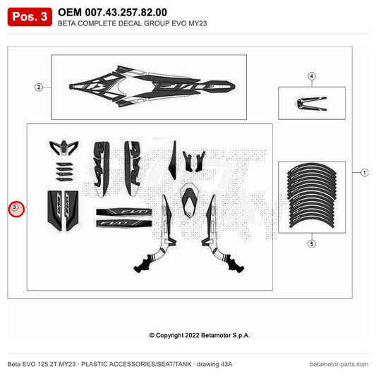 BETA COMPLETE DECAL GROUP EVO MY23 – OEM 007.43.257.82.00, position 3 on the Beta EVO 125 2T MY23 plastic accessories/seat/tank drawing