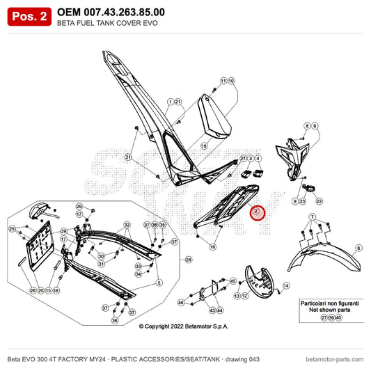 BETA FUEL TANK COVER EVO – OEM 007.43.263.85.00, position 2 on the Beta EVO 300 4T FACTORY MY24 plastic accessories/seat/tank drawing
