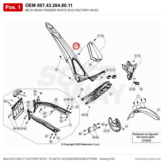 BETA REAR FENDER WHITE EVO FACTORY MY23 – OEM 007.43.264.80.11, position 1 on the Beta EVO 300 4T FACTORY MY23 plastic accessories/seat/tank drawing