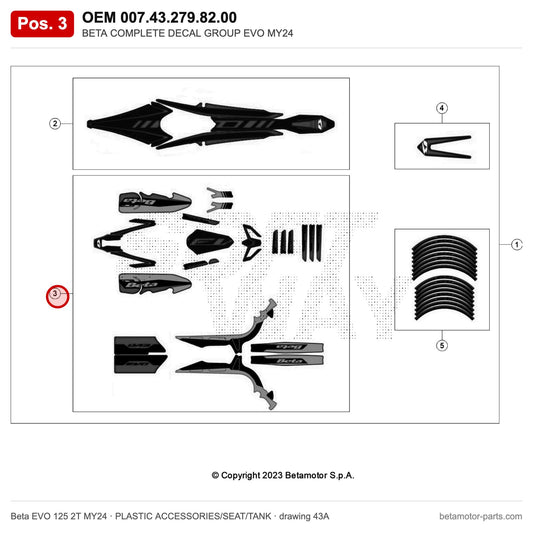 BETA COMPLETE DECAL GROUP EVO MY24 – OEM 007.43.279.82.00, position 3 on the Beta EVO 125 2T MY24 plastic accessories/seat/tank drawing