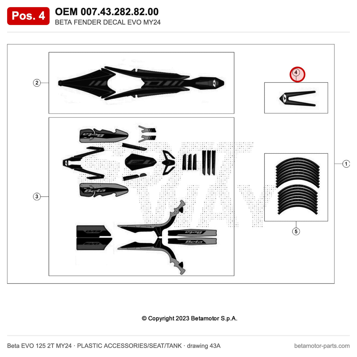 BETA FENDER DECAL EVO MY24 – OEM 007.43.282.82.00, position 4 on the Beta EVO 125 2T MY24 plastic accessories/seat/tank drawing