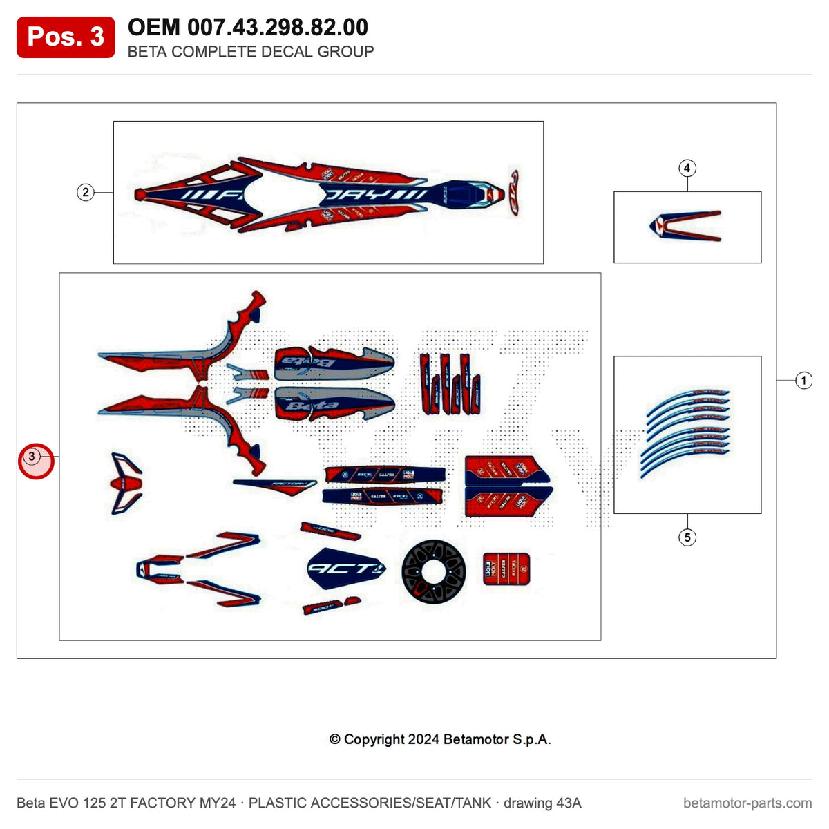 BETA COMPLETE DECAL GROUP EVO FACTORY MY24 – OEM 007.43.298.82.00, position 3 on the Beta EVO 125 2T FACTORY MY24 plastic accessories/seat/tank drawing