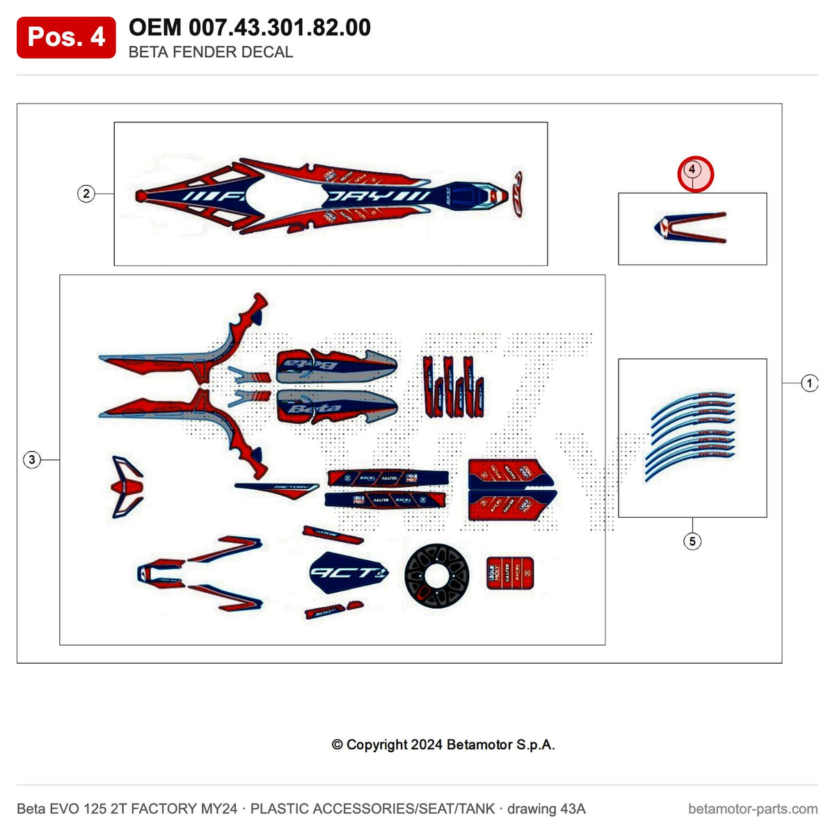 BETA FENDER DECAL EVO FACTORY MY24 – OEM 007.43.301.82.00, position 4 on the Beta EVO 125 2T FACTORY MY24 plastic accessories/seat/tank drawing