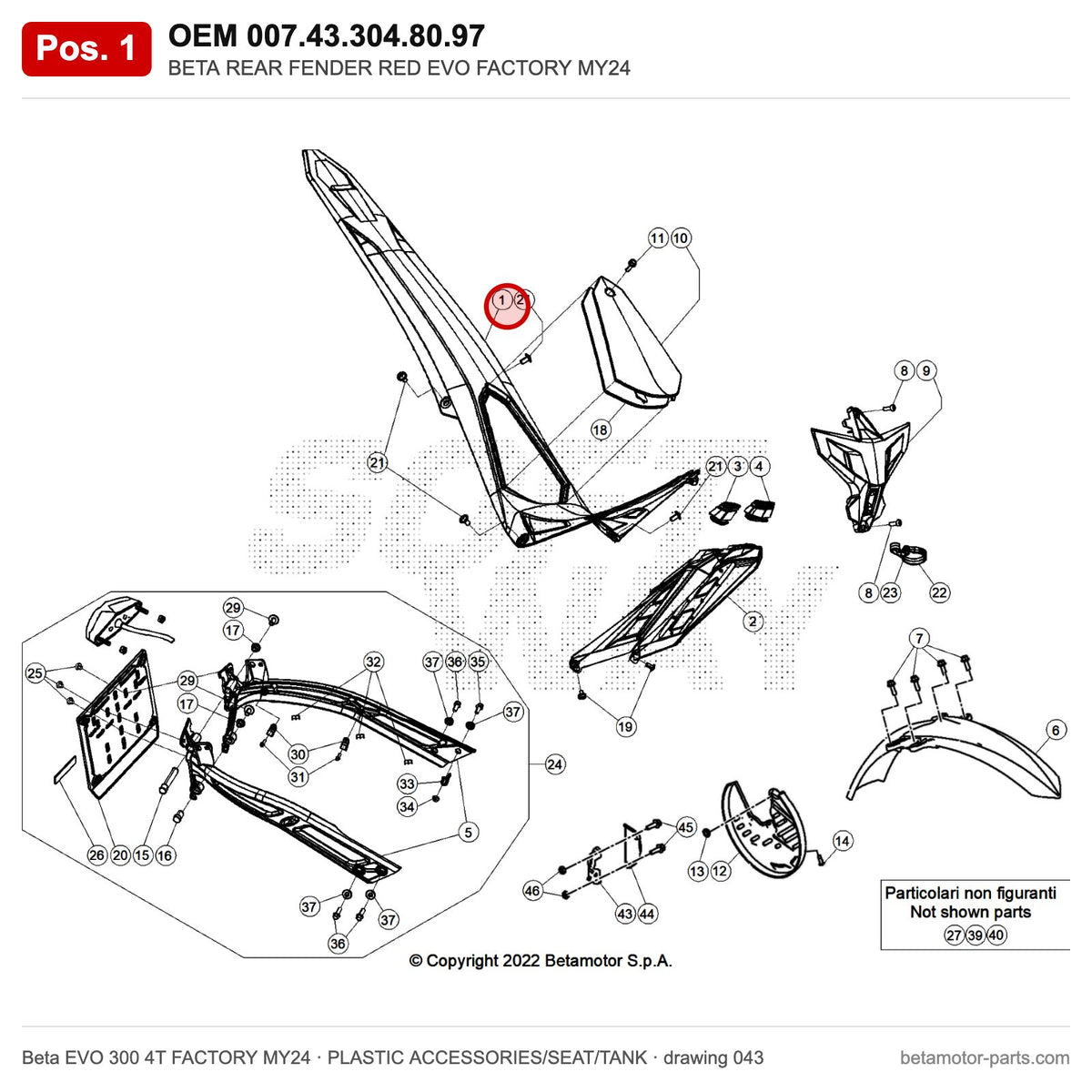BETA REAR FENDER RED EVO FACTORY MY24 – OEM 007.43.304.80.97, position 1 on the Beta EVO 300 4T FACTORY MY24 plastic accessories/seat/tank drawing