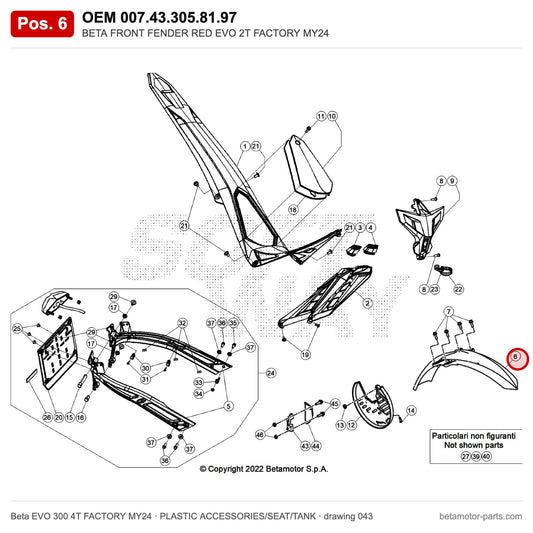 BETA FRONT FENDER RED EVO 2T FACTORY MY24 – OEM 007.43.305.81.97, position 6 on the Beta EVO 300 4T FACTORY MY24 plastic accessories/seat/tank drawing