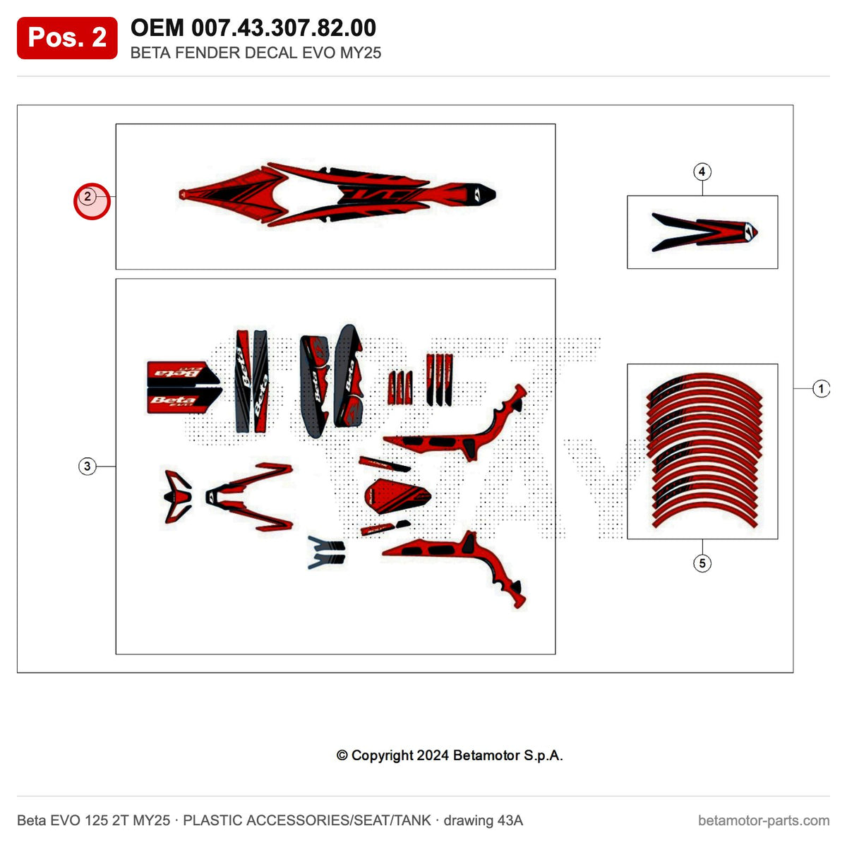BETA FENDER DECAL EVO MY25 – OEM 007.43.307.82.00, position 2 on the Beta EVO 125 2T MY25 plastic accessories/seat/tank drawing