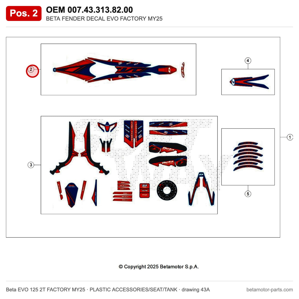 BETA FENDER DECAL EVO FACTORY MY25 – OEM 007.43.313.82.00, position 2 on the Beta EVO 125 2T FACTORY MY25 plastic accessories/seat/tank drawing