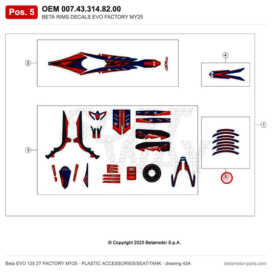 BETA RIMS DECALS EVO FACTORY MY25 – OEM 007.43.314.82.00, position 5 on the Beta EVO 125 2T FACTORY MY25 plastic accessories/seat/tank drawing