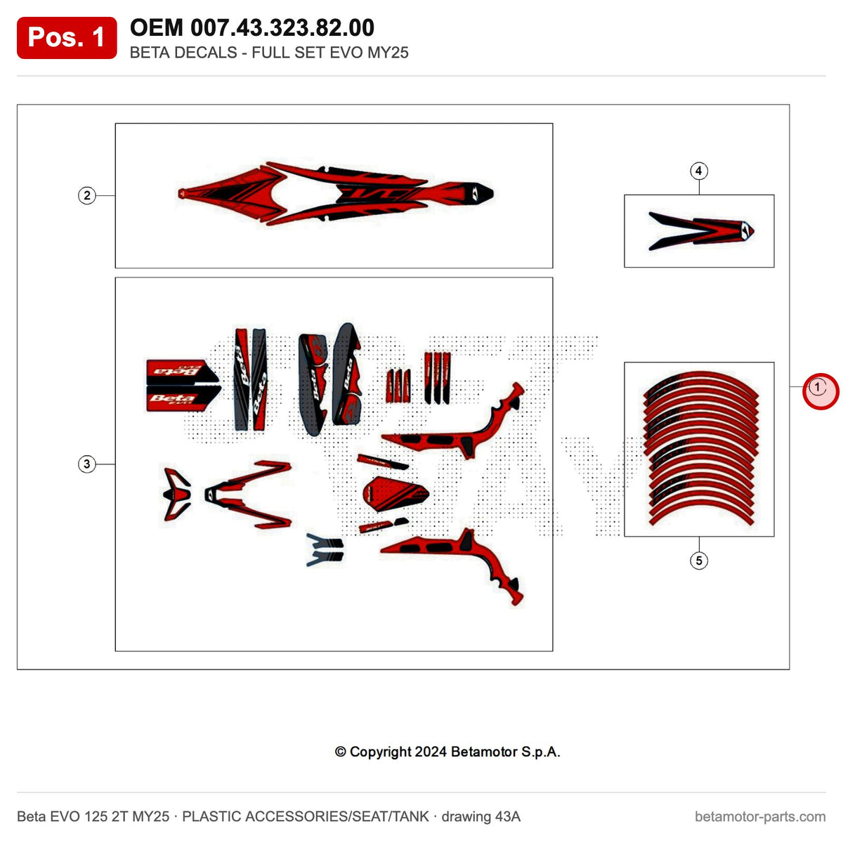 BETA DECALS - FULL SET EVO MY25 – OEM 007.43.323.82.00, position 1 on the Beta EVO 125 2T MY25 plastic accessories/seat/tank drawing