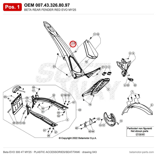 BETA REAR FENDER RED EVO MY25 – OEM 007.43.326.80.97, position 1 on the Beta EVO 300 4T MY25 plastic accessories/seat/tank drawing