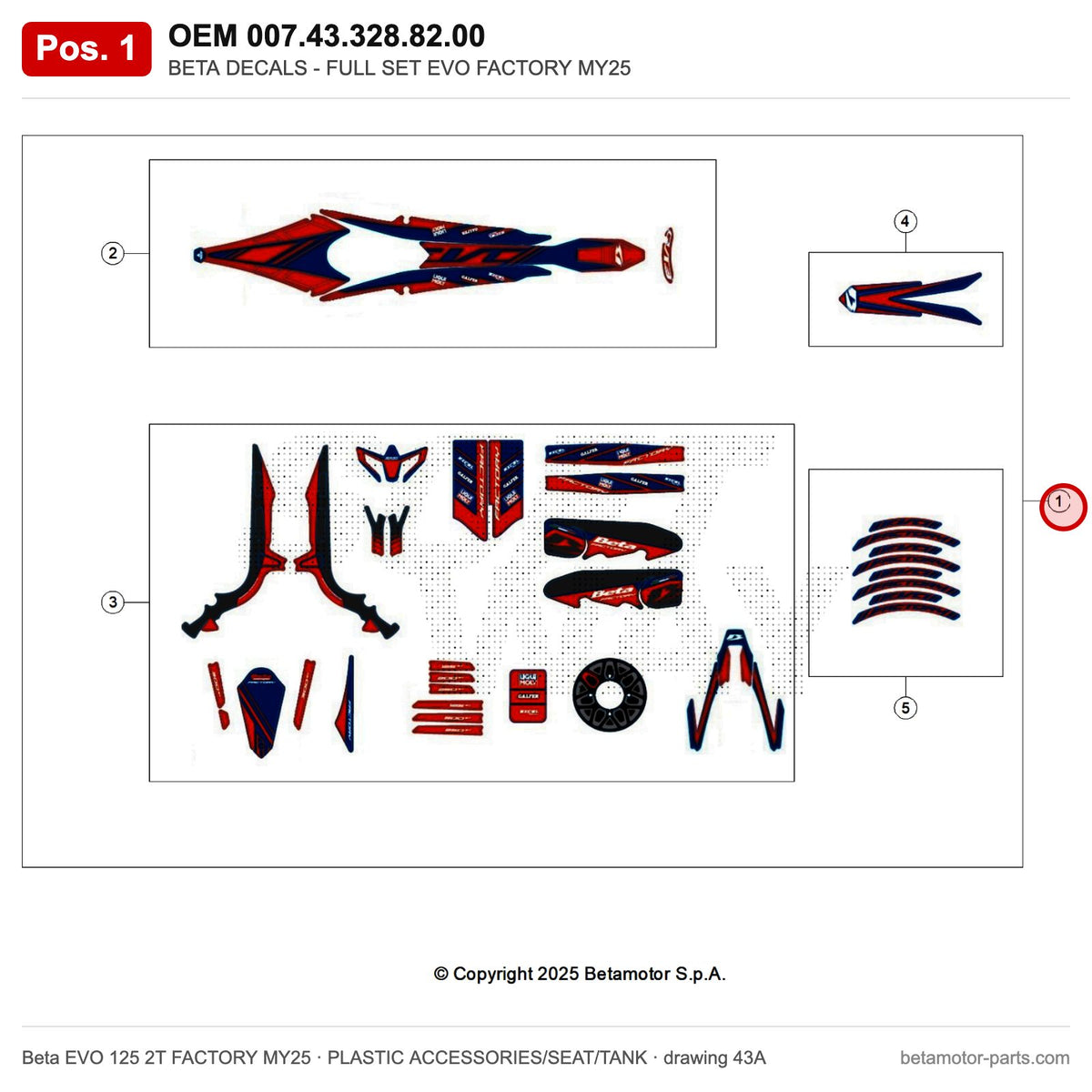 BETA DECALS - FULL SET EVO FACTORY MY25 – OEM 007.43.328.82.00, position 1 on the Beta EVO 125 2T FACTORY MY25 plastic accessories/seat/tank drawing