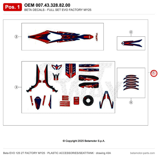 BETA DECALS - FULL SET EVO FACTORY MY25 – OEM 007.43.328.82.00, position 1 on the Beta EVO 125 2T FACTORY MY25 plastic accessories/seat/tank drawing