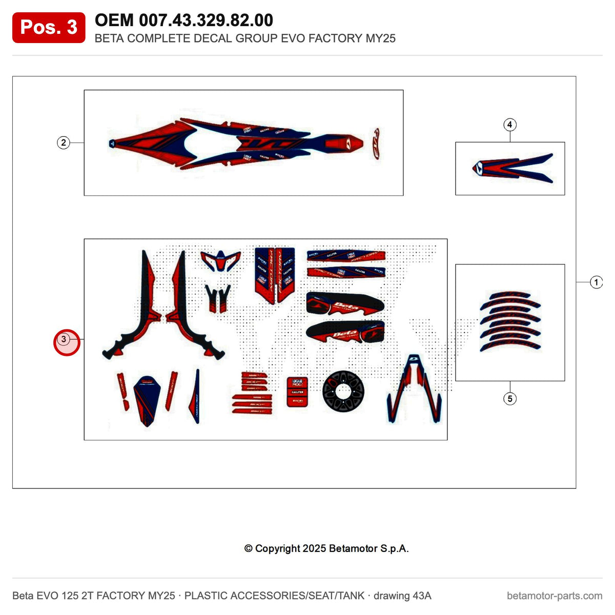 BETA COMPLETE DECAL GROUP EVO FACTORY MY25 – OEM 007.43.329.82.00, position 3 on the Beta EVO 125 2T FACTORY MY25 plastic accessories/seat/tank drawing