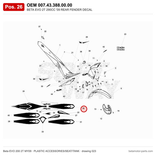 BETA EVO 2T 290CC '09 REAR FENDER DECAL – OEM 007.43.388.00.00, position 26 on the Beta EVO 200 2T MY09 plastic accessories/seat/tank drawing