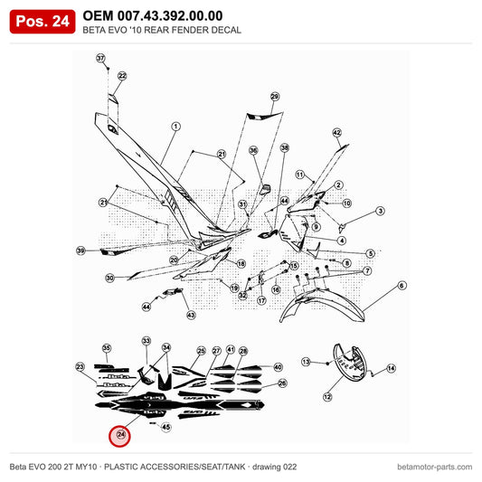 BETA EVO '10 REAR FENDER DECAL – OEM 007.43.392.00.00, position 24 on the Beta EVO 200 2T MY10 plastic accessories/seat/tank drawing