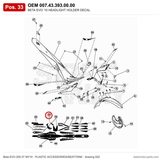 BETA EVO '10 HEADLIGHT HOLDER DECAL – OEM 007.43.393.00.00, position 33 on the Beta EVO 200 2T MY10 plastic accessories/seat/tank drawing