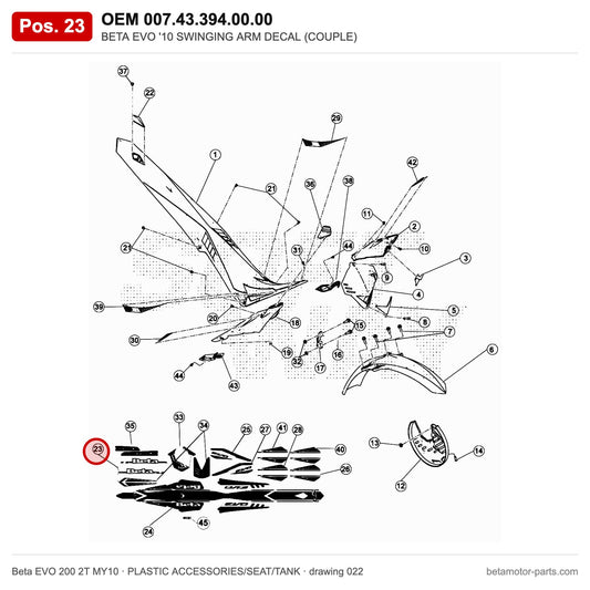 BETA EVO '10 SWINGING ARM DECAL (COUPLE) – OEM 007.43.394.00.00, position 23 on the Beta EVO 200 2T MY10 plastic accessories/seat/tank drawing