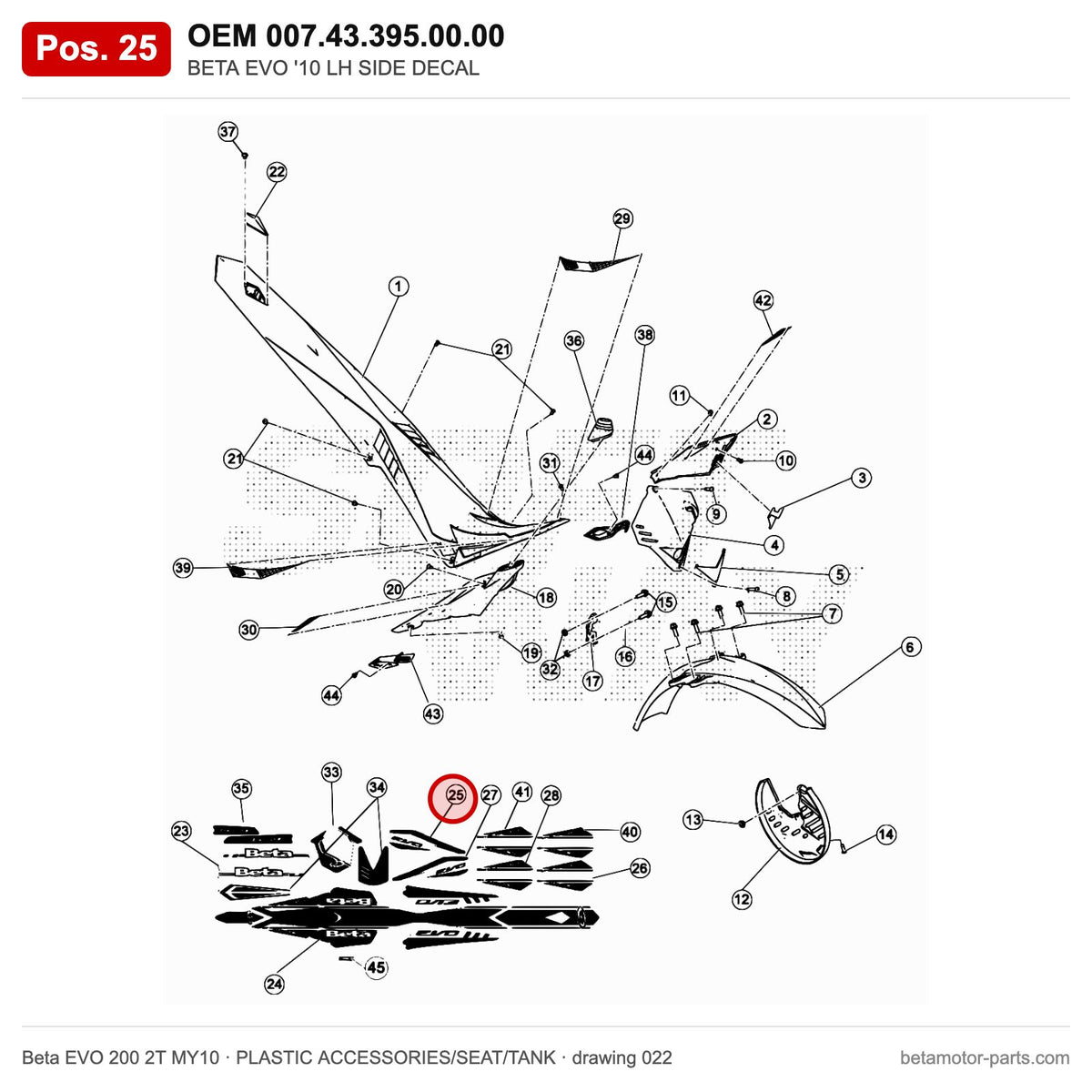 BETA EVO '10 LH SIDE DECAL – OEM 007.43.395.00.00, position 25 on the Beta EVO 200 2T MY10 plastic accessories/seat/tank drawing