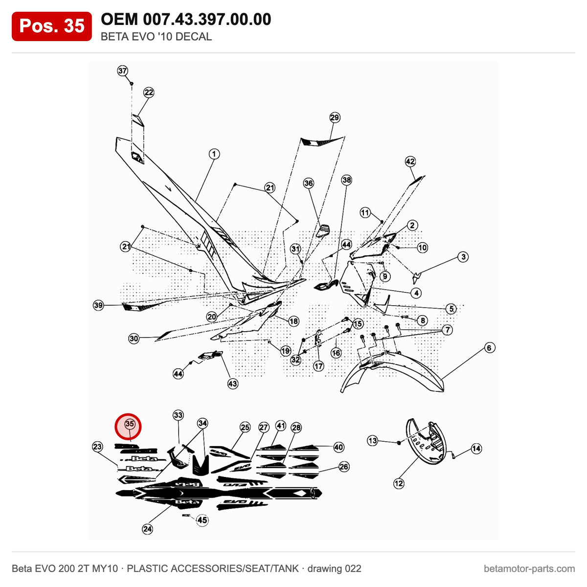 BETA EVO '10 DECAL – OEM 007.43.397.00.00, position 35 on the Beta EVO 200 2T MY10 plastic accessories/seat/tank drawing