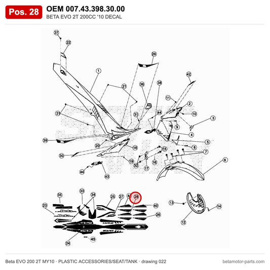 BETA EVO 2T 200CC '10 DECAL – OEM 007.43.398.30.00, position 28 on the Beta EVO 200 2T MY10 plastic accessories/seat/tank drawing