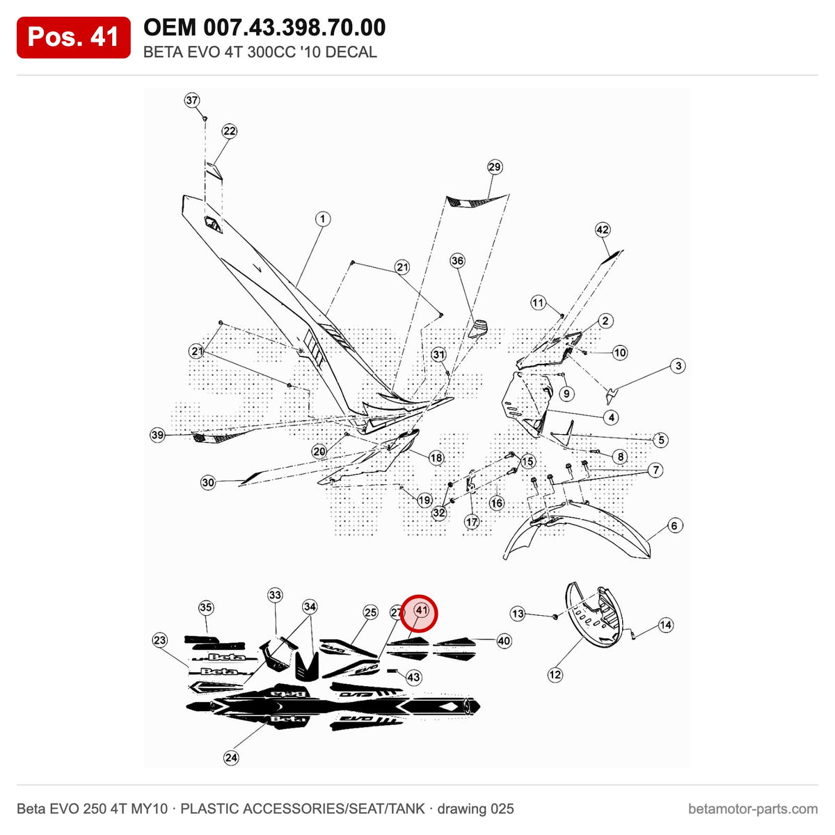 BETA EVO 4T 300CC '10 DECAL – OEM 007.43.398.70.00, position 41 on the Beta EVO 250 4T MY10 plastic accessories/seat/tank drawing