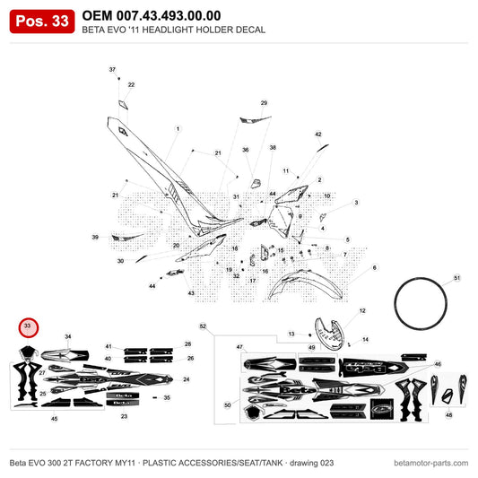 BETA EVO '11 HEADLIGHT HOLDER DECAL – OEM 007.43.493.00.00, position 33 on the Beta EVO 300 2T FACTORY MY11 plastic accessories/seat/tank drawing