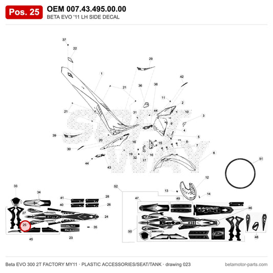 BETA EVO '11 LH SIDE DECAL – OEM 007.43.495.00.00, position 25 on the Beta EVO 300 2T FACTORY MY11 plastic accessories/seat/tank drawing