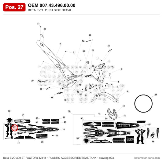 BETA EVO '11 RH SIDE DECAL – OEM 007.43.496.00.00, position 27 on the Beta EVO 300 2T FACTORY MY11 plastic accessories/seat/tank drawing