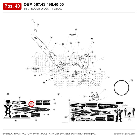 BETA EVO 2T 250CC '11 DECAL – OEM 007.43.498.40.00, position 40 on the Beta EVO 300 2T FACTORY MY11 plastic accessories/seat/tank drawing