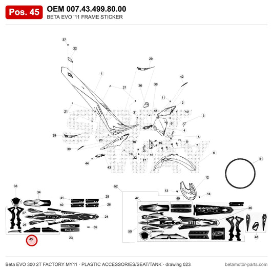 BETA EVO '11 FRAME STICKER – OEM 007.43.499.80.00, position 45 on the Beta EVO 300 2T FACTORY MY11 plastic accessories/seat/tank drawing