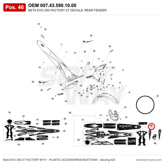 BETA EVO 300 FACTORY 2T DECALS, REAR FENDER – OEM 007.43.590.10.00, position 46 on the Beta EVO 300 2T FACTORY MY11 plastic accessories/seat/tank drawing