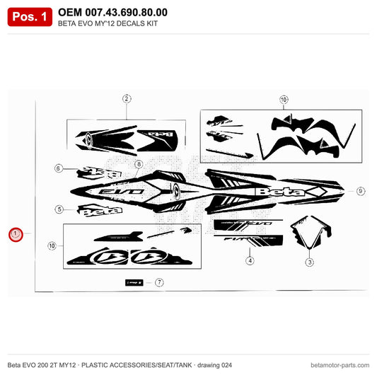 BETA EVO MY'12 DECALS KIT – OEM 007.43.690.80.00, position 1 on the Beta EVO 200 2T MY12 plastic accessories/seat/tank drawing