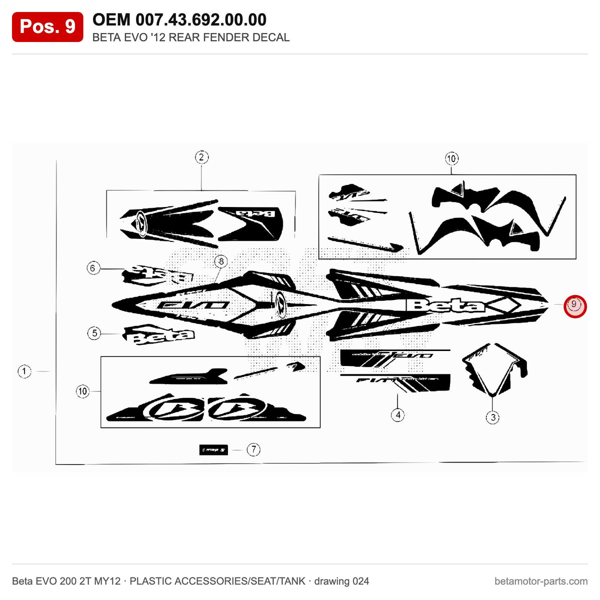 BETA EVO '12 REAR FENDER DECAL – OEM 007.43.692.00.00, position 9 on the Beta EVO 200 2T MY12 plastic accessories/seat/tank drawing