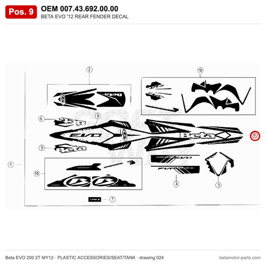BETA EVO '12 REAR FENDER DECAL – OEM 007.43.692.00.00, position 9 on the Beta EVO 200 2T MY12 plastic accessories/seat/tank drawing