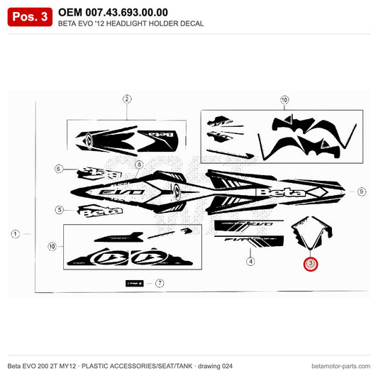BETA EVO '12 HEADLIGHT HOLDER DECAL – OEM 007.43.693.00.00, position 3 on the Beta EVO 200 2T MY12 plastic accessories/seat/tank drawing