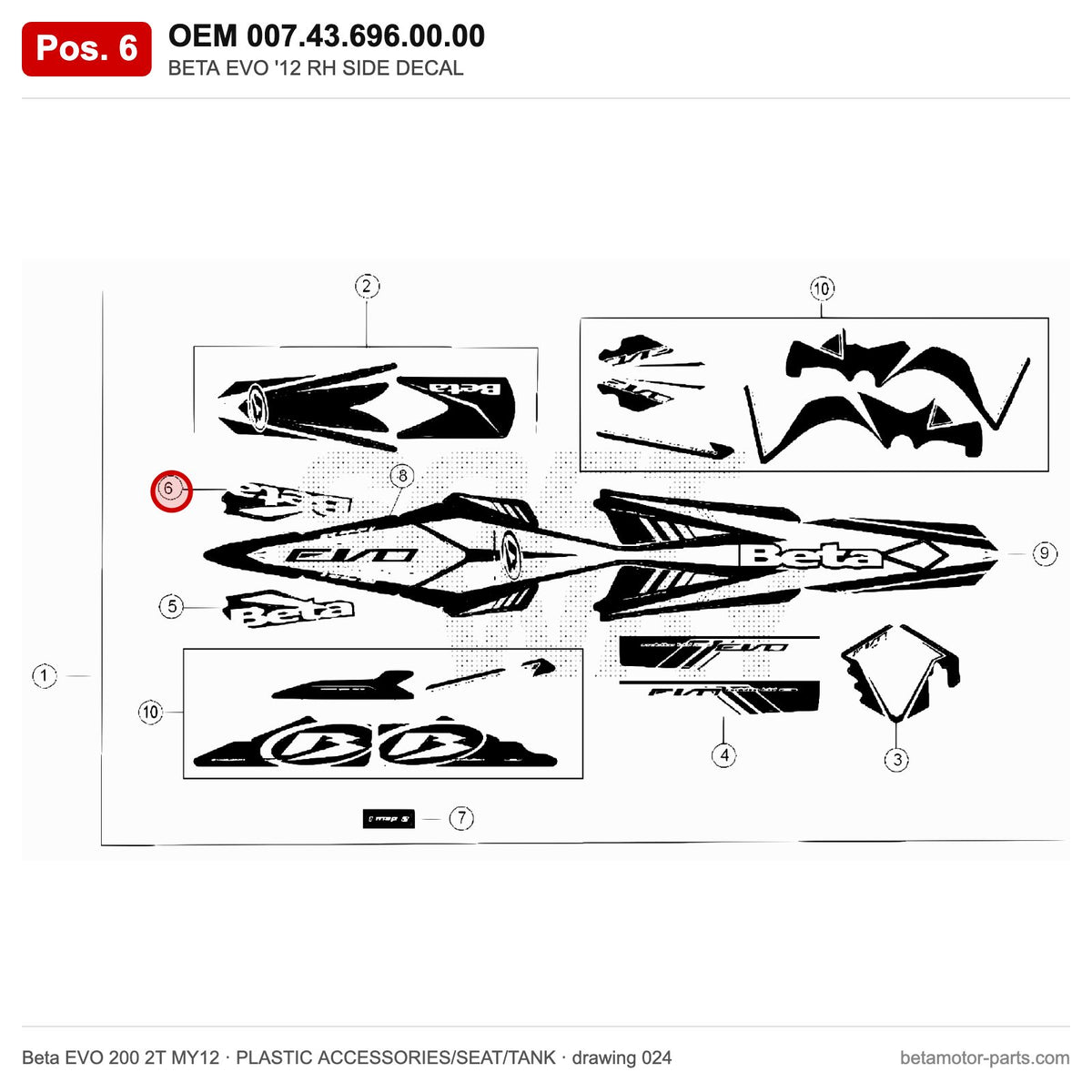 BETA EVO '12 RH SIDE DECAL – OEM 007.43.696.00.00, position 6 on the Beta EVO 200 2T MY12 plastic accessories/seat/tank drawing