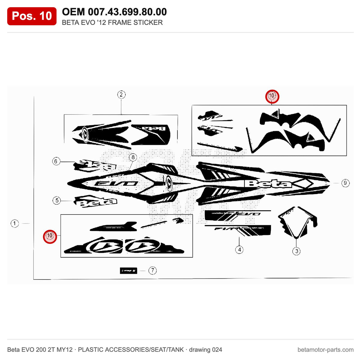 BETA EVO '12 FRAME STICKER – OEM 007.43.699.80.00, position 10 on the Beta EVO 200 2T MY12 plastic accessories/seat/tank drawing