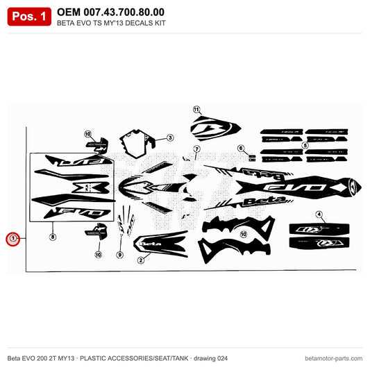 BETA EVO TS MY'13 DECALS KIT – OEM 007.43.700.80.00, position 1 on the Beta EVO 200 2T MY13 plastic accessories/seat/tank drawing