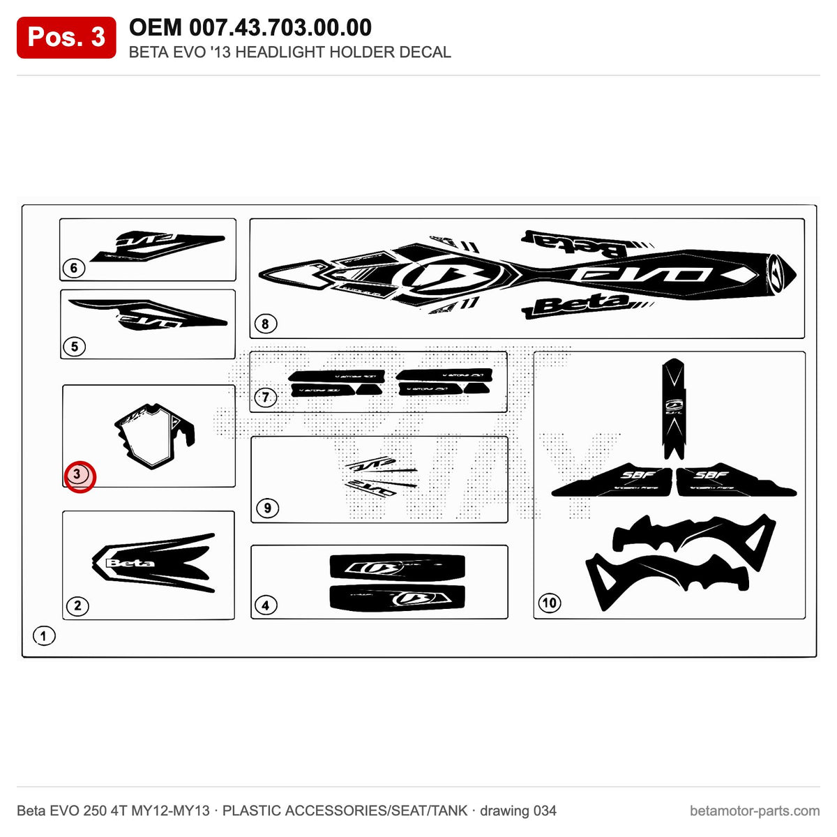 BETA EVO '13 HEADLIGHT HOLDER DECAL – OEM 007.43.703.00.00, position 3 on the Beta EVO 250 4T MY12-MY13 plastic accessories/seat/tank drawing