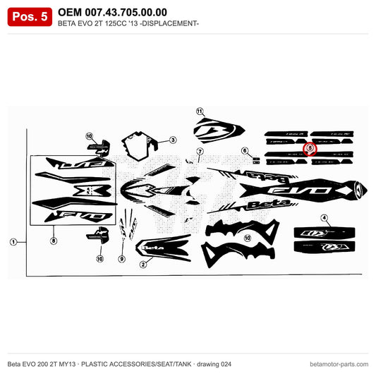BETA EVO 2T 125CC '13 -DISPLACEMENT- – OEM 007.43.705.00.00, position 5 on the Beta EVO 200 2T MY13 plastic accessories/seat/tank drawing