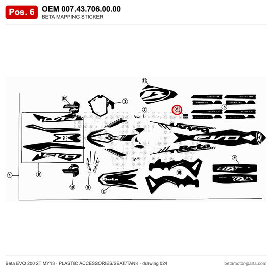 BETA MAPPING STICKER – OEM 007.43.706.00.00, position 6 on the Beta EVO 200 2T MY13 plastic accessories/seat/tank drawing