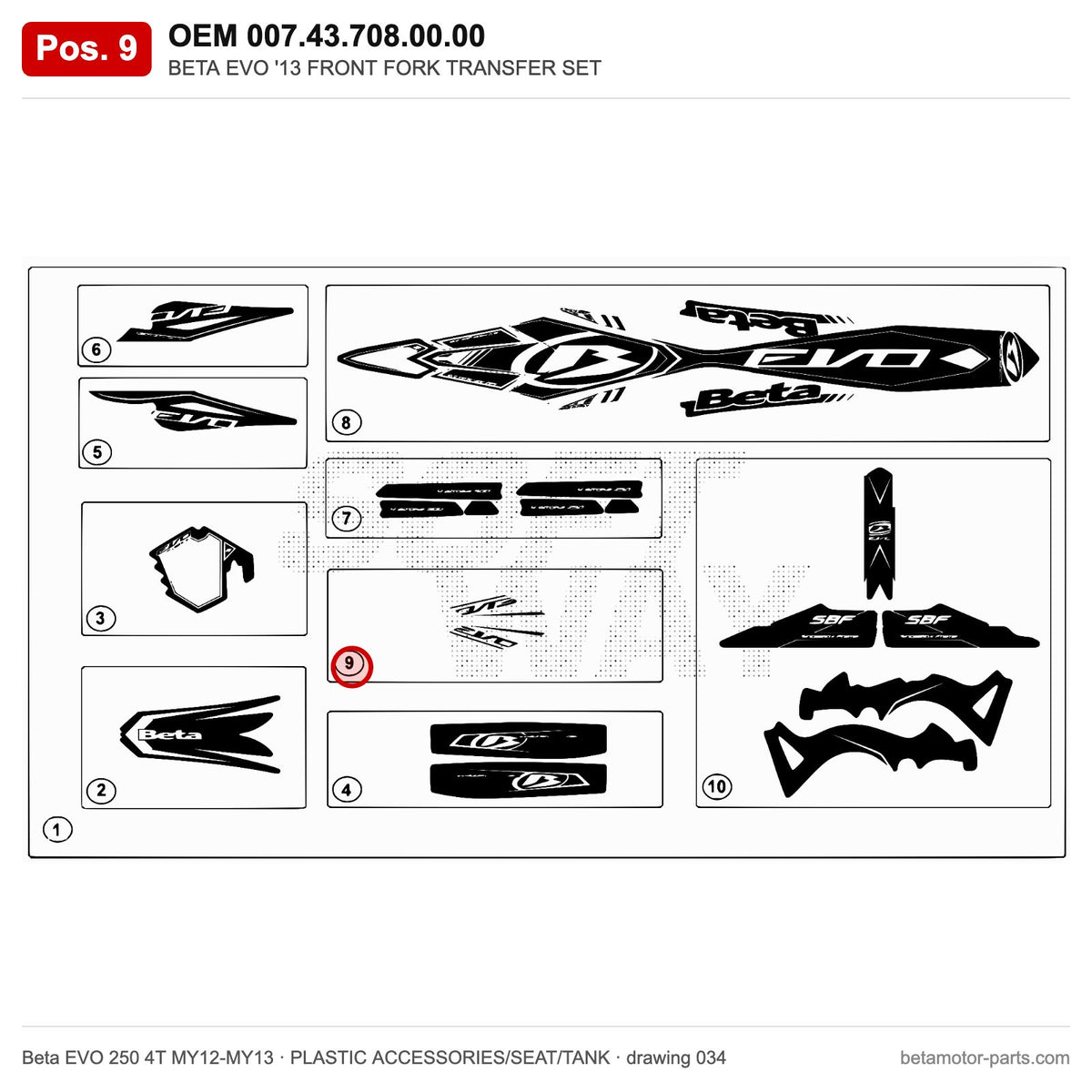 BETA EVO '13 FRONT FORK TRANSFER SET – OEM 007.43.708.00.00, position 9 on the Beta EVO 250 4T MY12-MY13 plastic accessories/seat/tank drawing