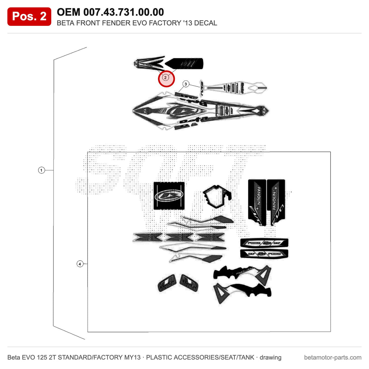BETA FRONT FENDER EVO FACTORY '13 DECAL – OEM 007.43.731.00.00, position 2 on the Beta EVO 125 2T STANDARD/FACTORY MY13 plastic accessories/seat/tank drawing